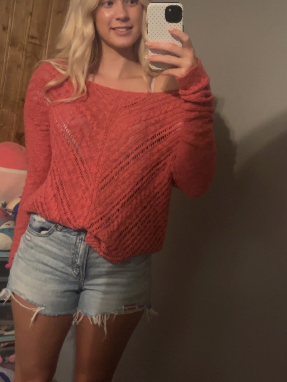 American Eagle Outfitters Coral Open-Knit Off-Shoulder Sweater